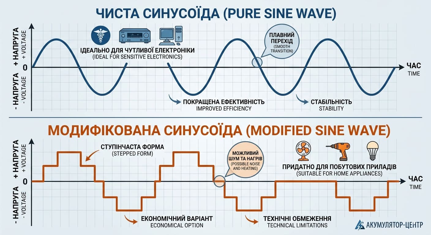 Різниця між чистою та модифікованою синусоїдою інвертора.
