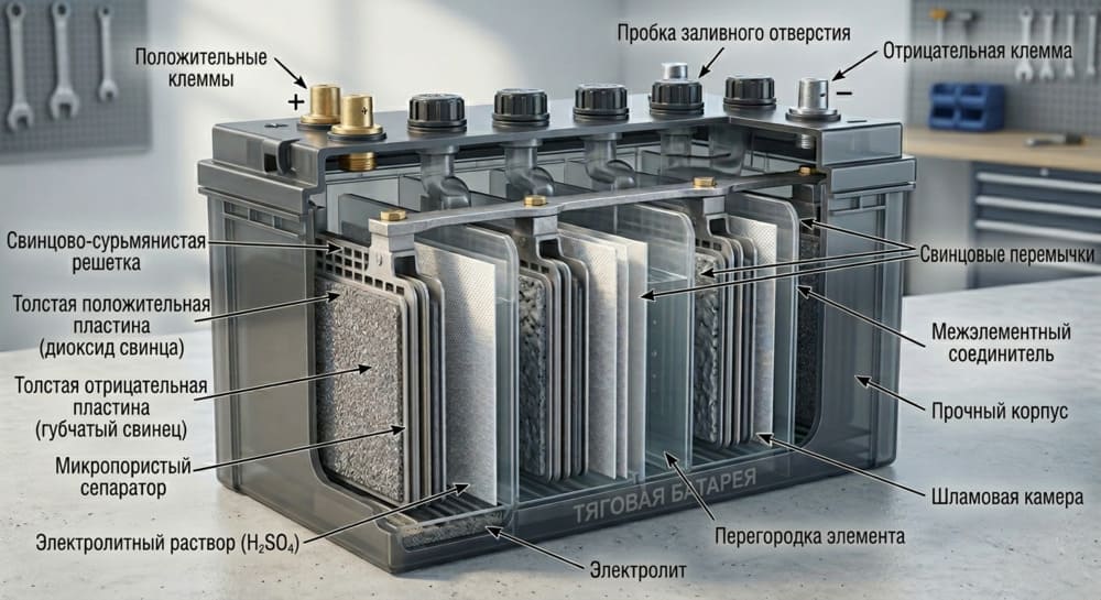 Структура тягового аккумулятора глубокого разряда