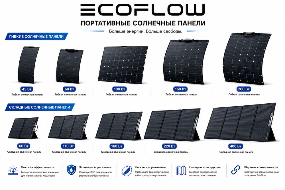 Линейка портативных и гибких солнечных панели EcoFlow