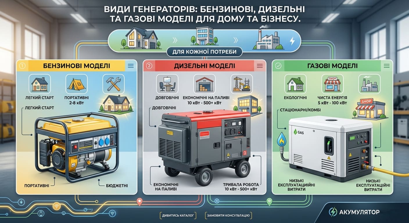 Види генераторів: бензинові, дизельні та газові моделі для дому та бізнесу.
