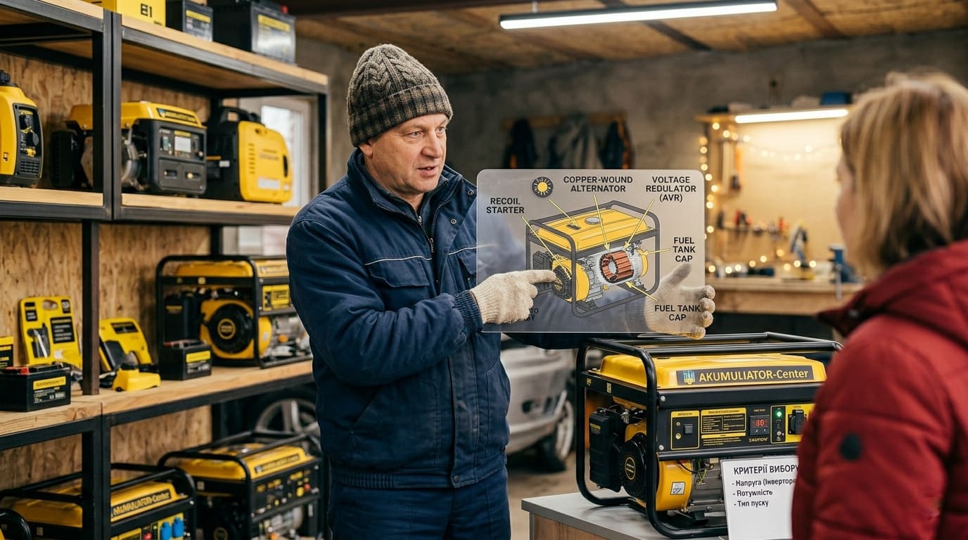 Продавец-консультант в магазине "АККУМУЛЯТОР-Центр" показывает клиенту прозрачную панель с техническими характеристиками и устройством бензогенератора