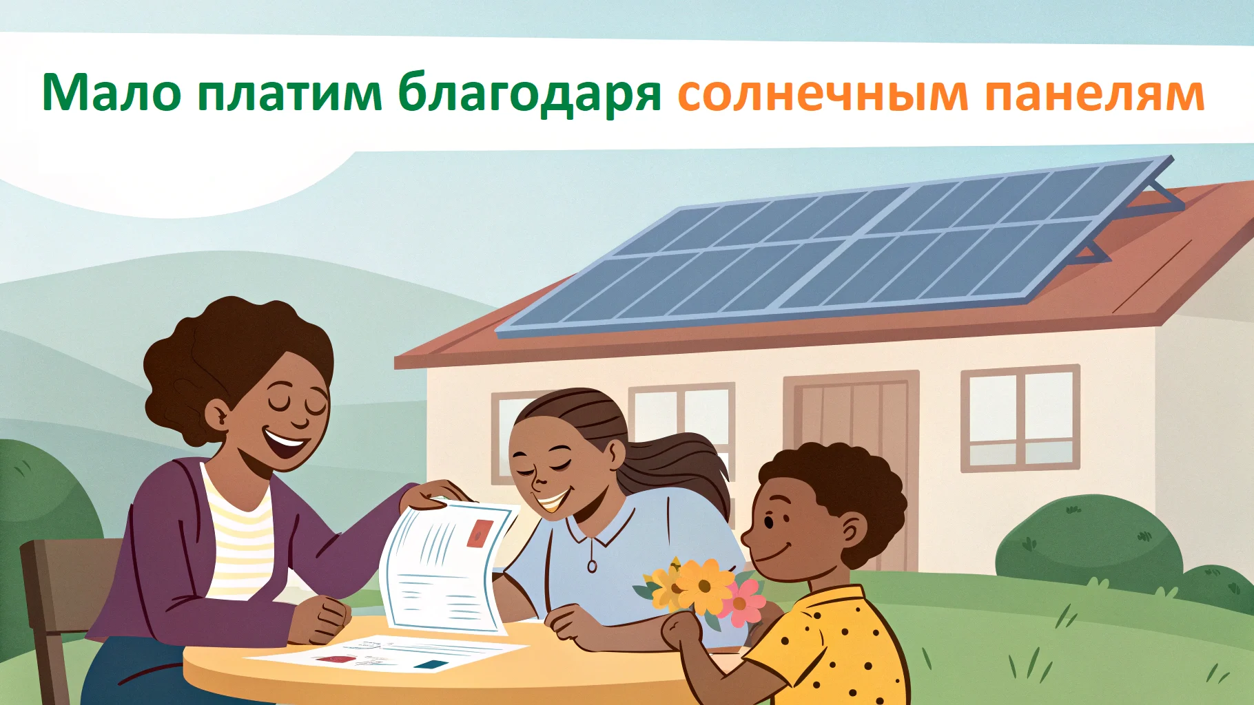 Счастливая семья, демонстрирующая низкий счет за электроэнергию благодаря солнечным панелям