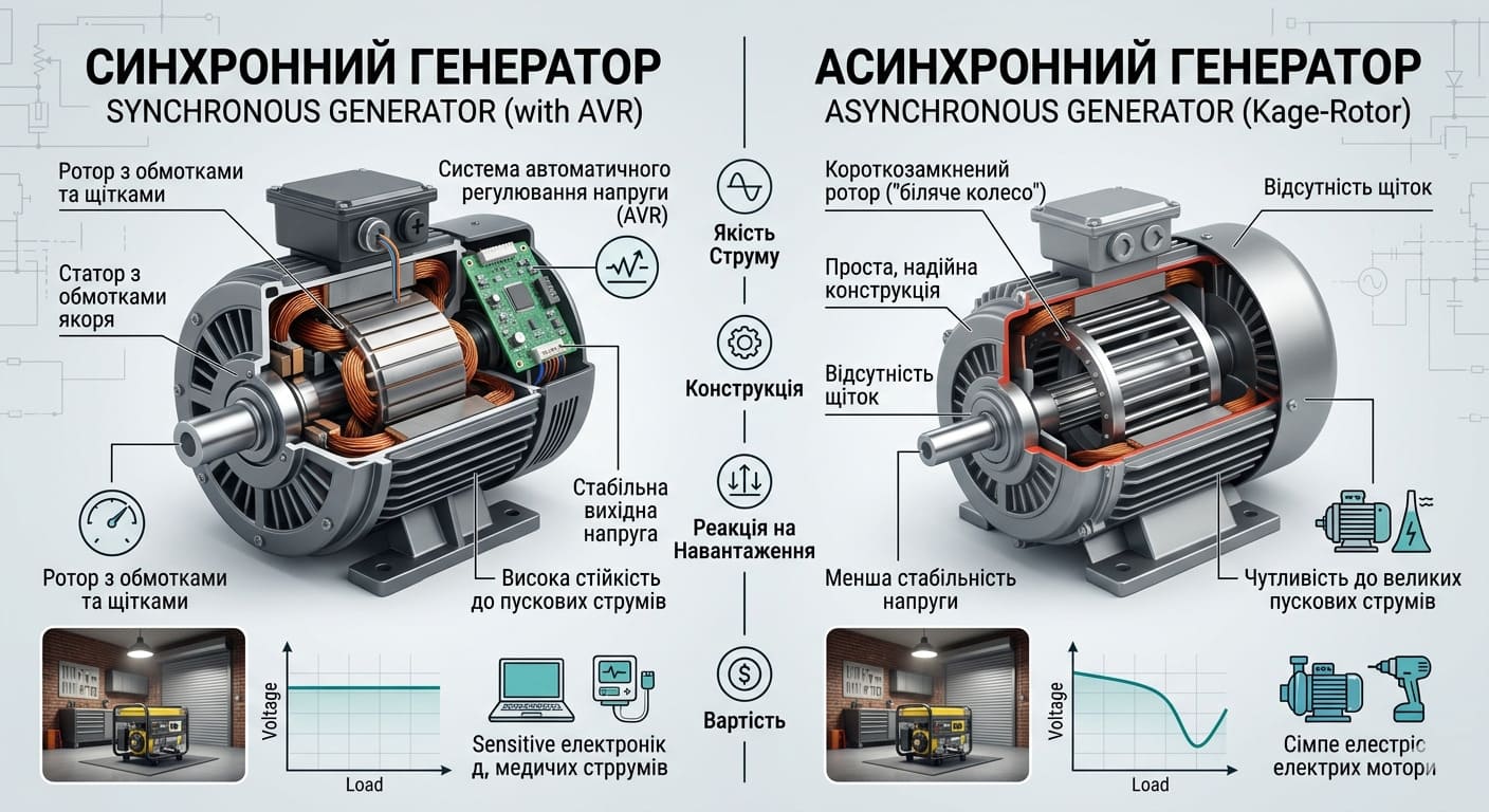 Инфографика-сравнение характеристик синхронного генератора с AVR и асинхронного генератора.