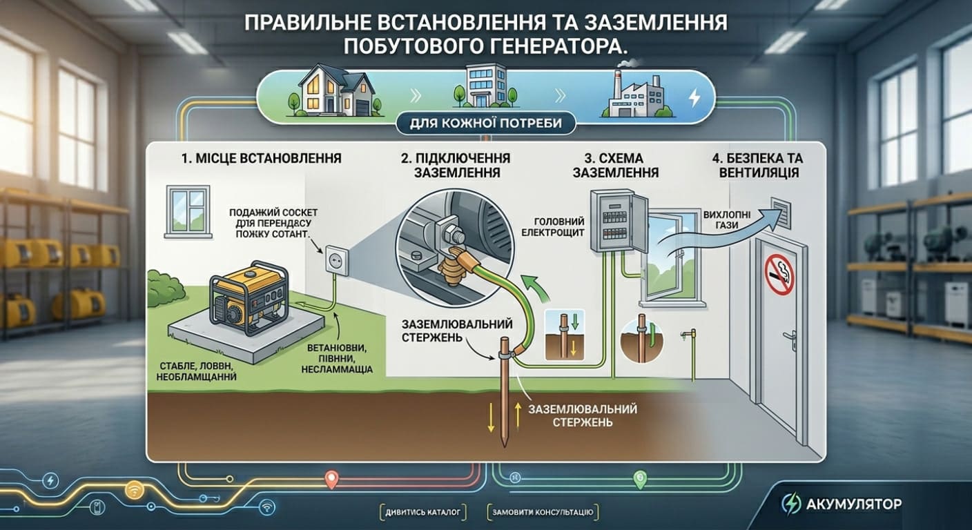 Правильне встановлення та заземлення побутового генератора.