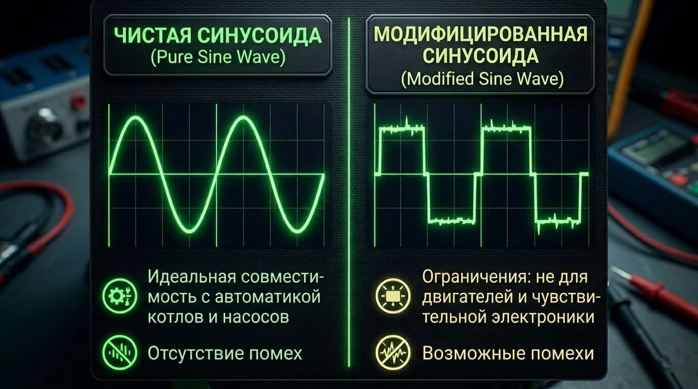 Сравнение чистой и модифицированной синусоиды для электрооборудования.