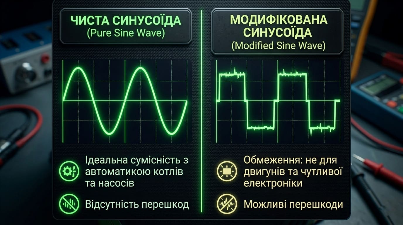 Порівняння чистої та модифікованої синусоїди для електрообладнання.