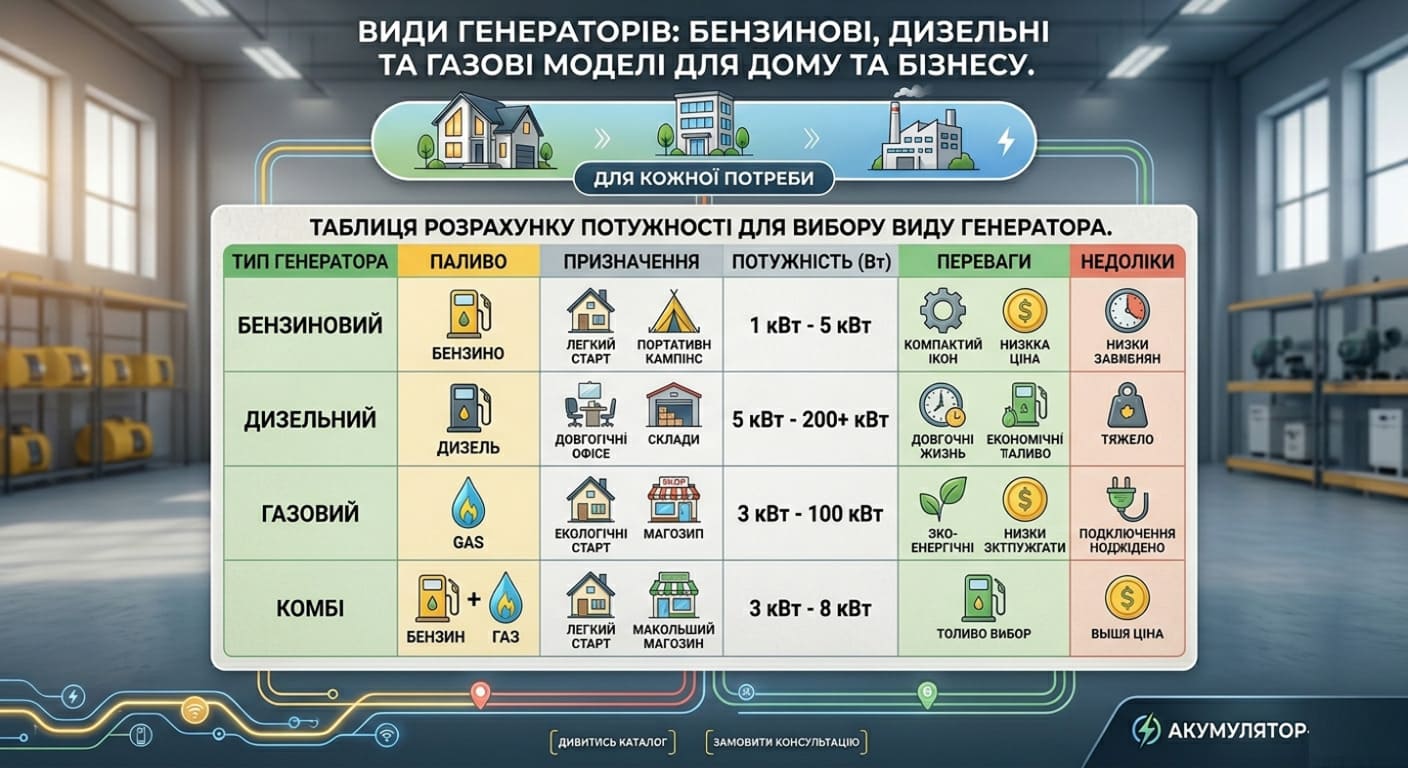 Таблиця розрахунку потужності для вибору виду генератора.