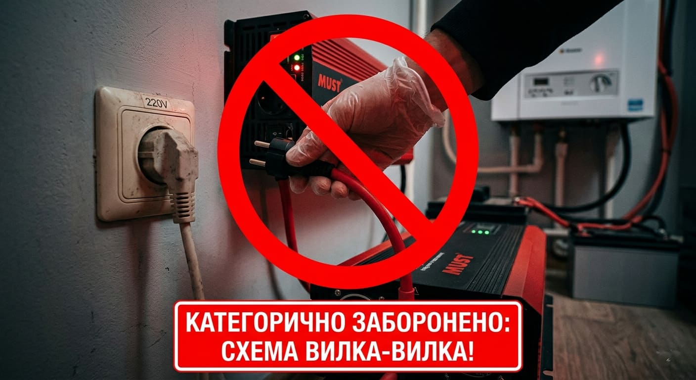 Попереджувальне зображення із забороною використання небезпечної схеми підключення інвертора до мережі кабелем "вилка-вилка"
