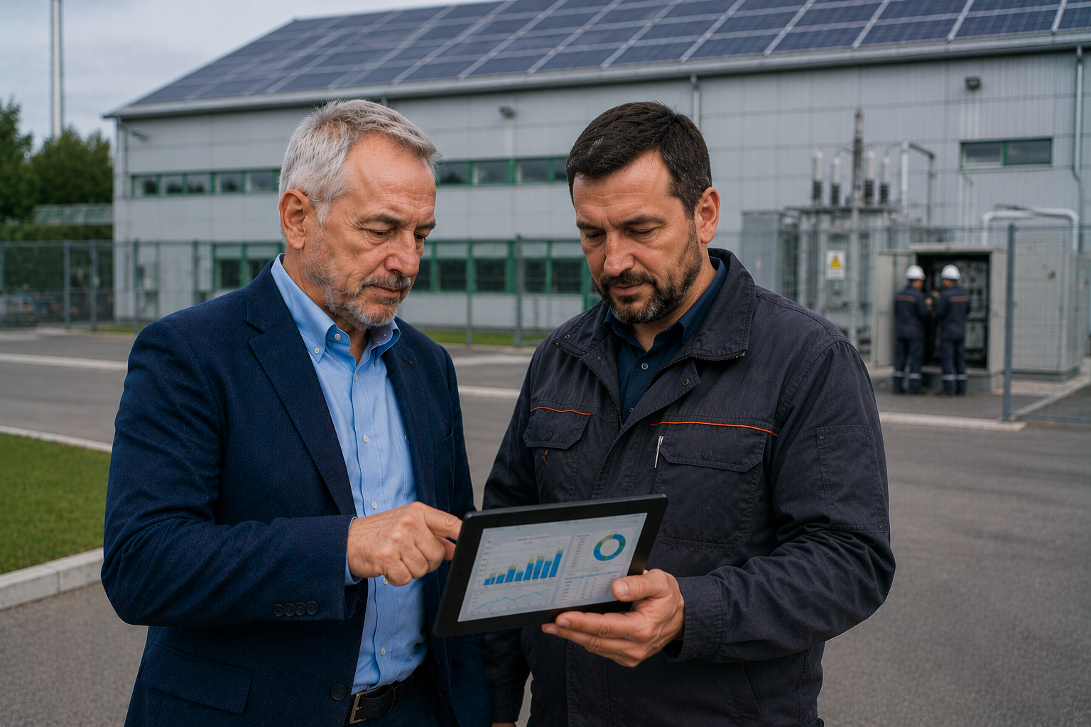 Власник підприємства після запуску ESS 250 кВт оглядає об'єкт із інженером