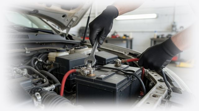 Автомобільний акумулятор у моторному відсіку автомобіля