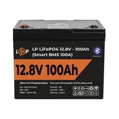 Акумулятор LP LiFePO4 12V (12,8V) - 100 Ah (1280Wh) (Smart BMS 100А) з BT пластик - фото товару 1
