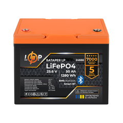Акумулятор LP LiFePO4 25,6V - 50 Ah (1280Wh) (BMS 80A/50А) пластик Smart BT - фото товару 1