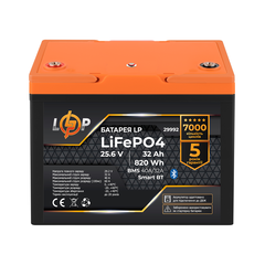 Акумулятор LP LiFePO4 25,6V - 32 Ah (820Wh) (BMS 40A/32А) пластик Smart BT - фото товару 1