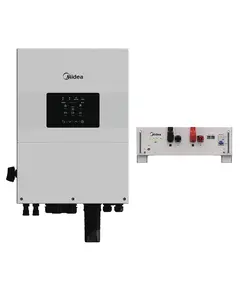 Комплект Midea: гібридний інвертор MEI2-HS6L 6 кВт та акумулятор MEB2-B5L-RA LiFePO4 5.1 кВт·год 51.2 В на білому фоні