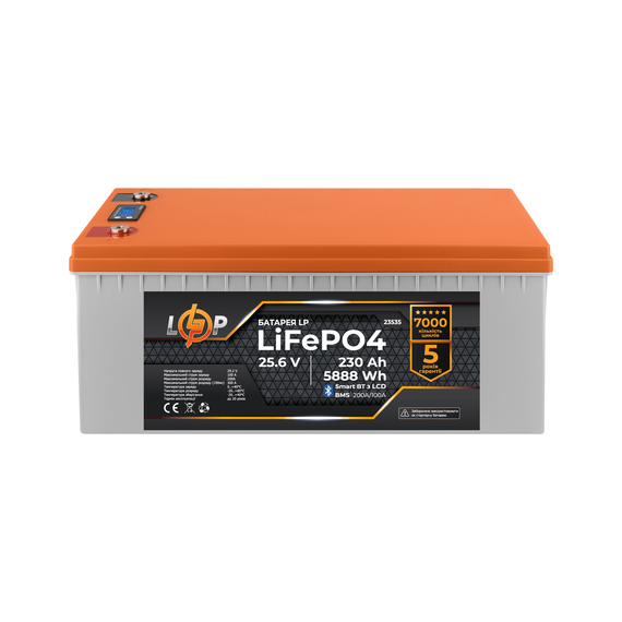 Акумулятор LP LiFePO4 25,6V - 230 Ah (5888Wh) (BMS 200A/100А) пластик LCD Smart BT - фото товару 1