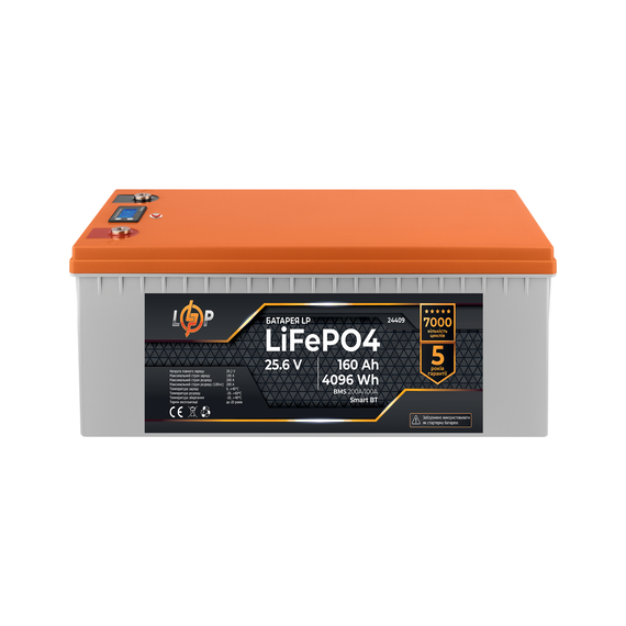 Акумулятор LP LiFePO4 25,6V - 160 Ah (4096Wh) (BMS 200A/100А) пластик LCD Smart BT - фото товара 1