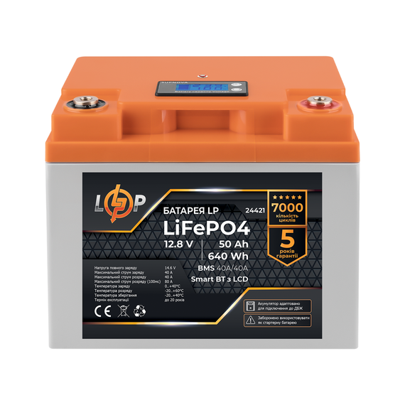 Акумулятор LP LiFePO4 12,8V - 50 Ah (640Wh) (BMS 40A/40А) пластик LCD Smart BT - фото товара 1
