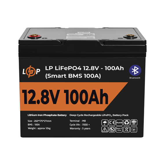 Акумулятор LP LiFePO4 12V (12,8V) - 100 Ah (1280Wh) (Smart BMS 100А) з BT пластик - фото товара 1