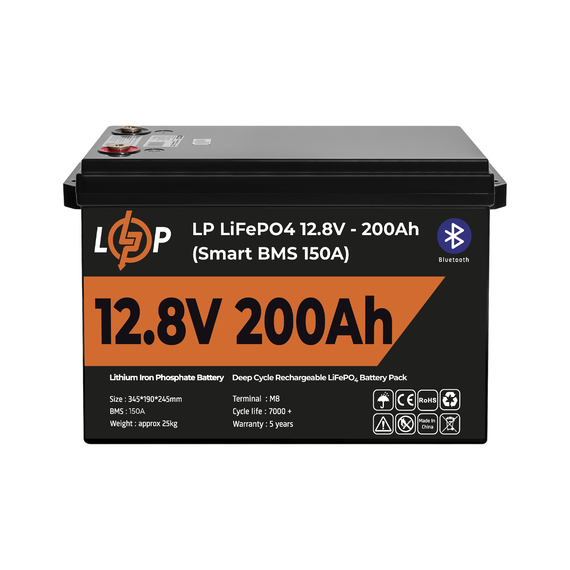Акумулятор LP LiFePO4 12V (12,8V) - 200 Ah (2560Wh) (Smart BMS 150А) з BT пластик - фото товара 1