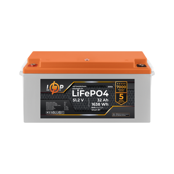 Акумулятор LP LiFePO4 51,2V - 32 Ah (1638Wh) (BMS 64A/32А) пластик LCD Smart BT - фото товару 1