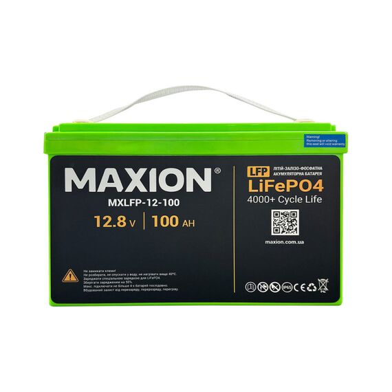 Акумулятор MAXION MXLFP-12-100, LiFePO4, 1,28 kWh, 12,8 V, 100 Ah, 4000 циклів, клема F12 M8, BMS, 11,8 кг, 328x172x215 мм