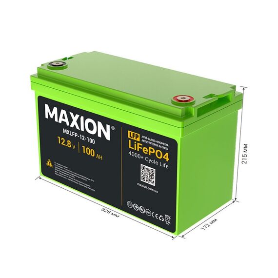 Акумулятор MAXION MXLFP-12-100, LiFePO4, 1,28 kWh, 12,8 V, 100 Ah, 4000 циклів, клема F12 M8, BMS, 11,8 кг, 328x172x215 мм