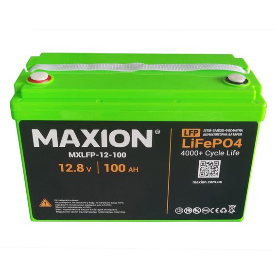 Акумулятор MAXION MXLFP-12-100, LiFePO4, 1,28 kWh, 12,8 V, 100 Ah, 4000 циклів, клема F12 M8, BMS, 11,8 кг, 328x172x215 мм
