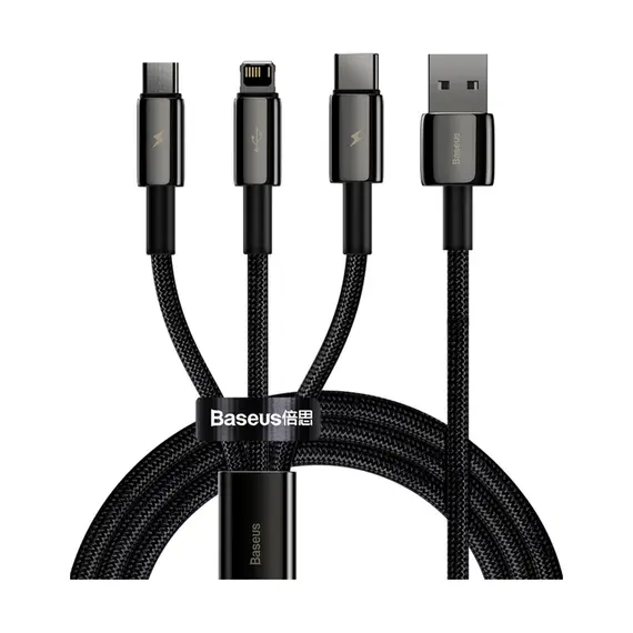 Кабель Baseus Tungsten Gold USB 2.0 для Lightning+Type-C+microUSB 3.5A 1.5M чорний (CAMLTWJ-01) - фото товару 1