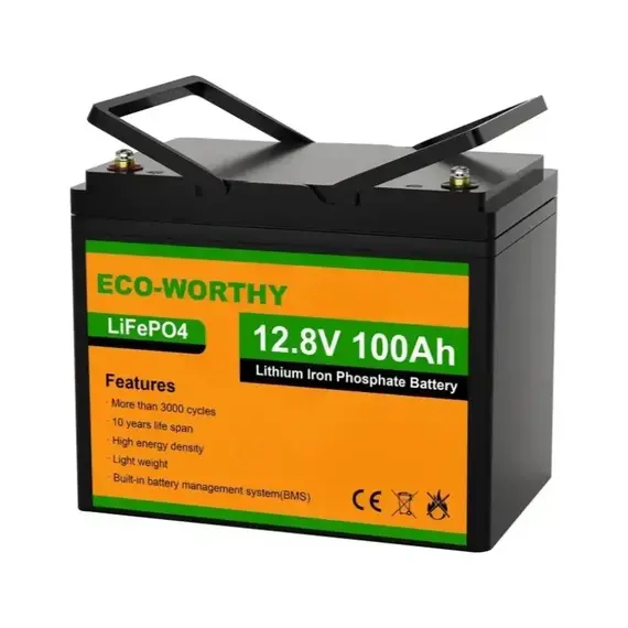Аккумулятор Eco-Worthy ECO-LFP12100, LiFePO4, 12.8V, 100Ah, 1280Wh, BMS, M8, 260×168×209 мм, 12 кг