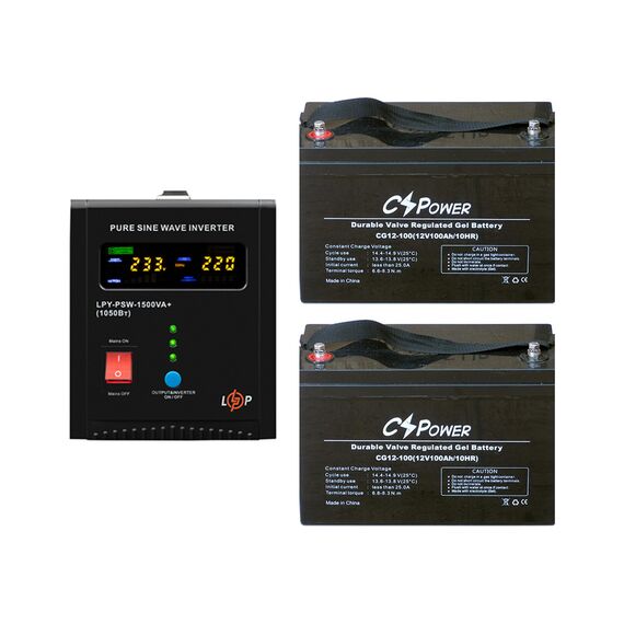 Комплект ИБП LogicPower LPY-PSW-1500VA+ (1050Вт) 10A/15A с правильной синусоидой 24V + 2 аккумулятора гелевые OUTDO 12V-100A