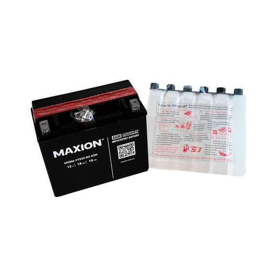 Мото аккумулятор MAXION MXBM-YTX20-BS AGM (12V, 18A), сухозаряженый с электролитом - фото товара 1