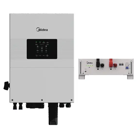 Комплект Midea: гібридний інвертор MEI2-HS6L 6 кВт та акумулятор MEB2-B5L-RA LiFePO4 5.1 кВт·год 51.2 В на білому фоні