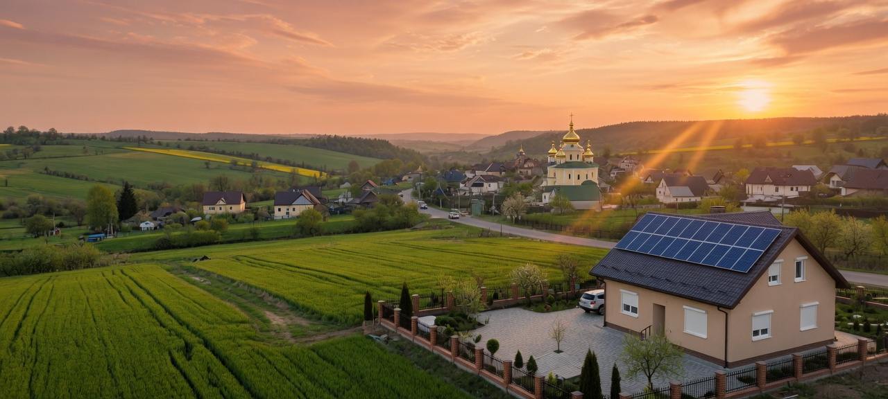 Панорама села із сонячною станцією на заході сонця