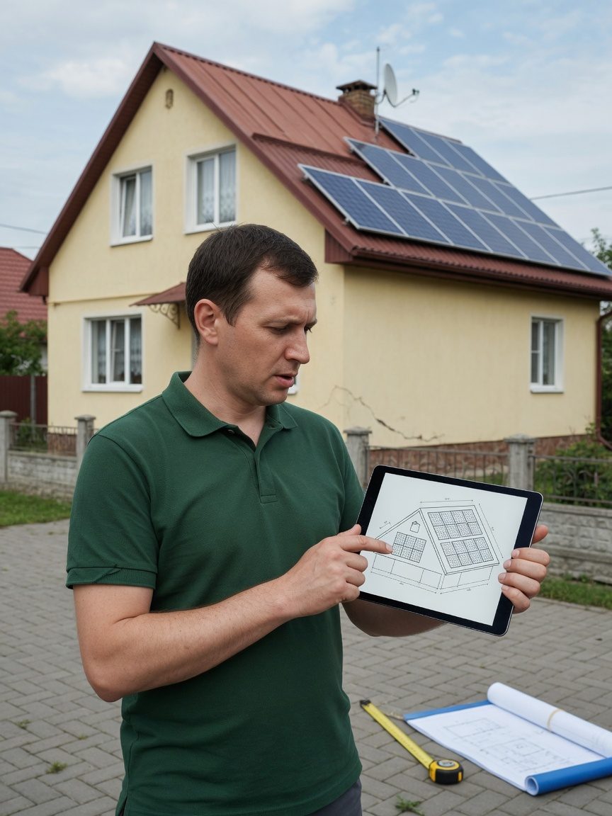 Інженер-проєктувальник показує власнику 3D-схему панелей на даху